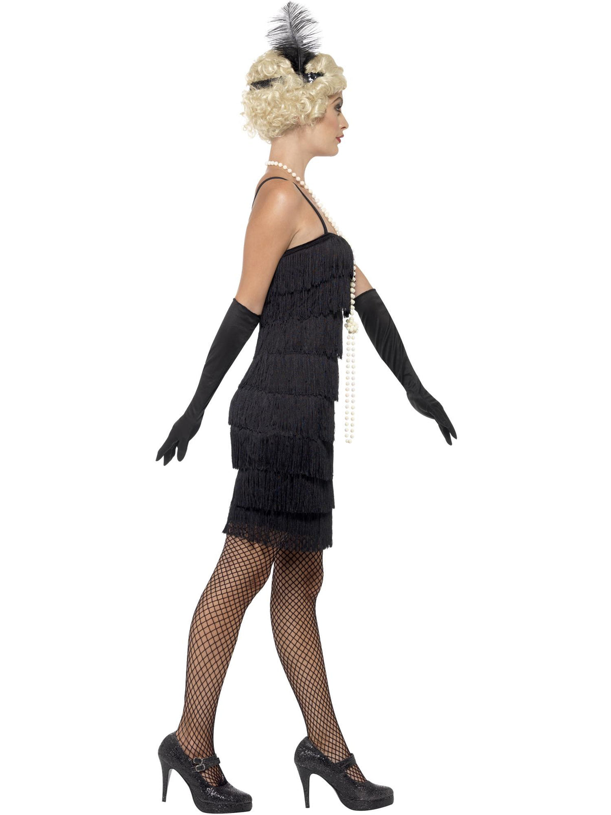Smiffys schwarzes Flapper-Kostüm für Damen mit kurzem Kleid, Stirnband und Handschuhen – Seitenansicht