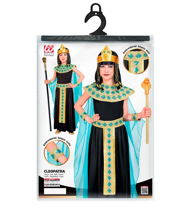 Cleopatra-Kostüm mit Kleid, Gürtel, Armbändern, Stirnband und Umhang auf weißem Hintergrund