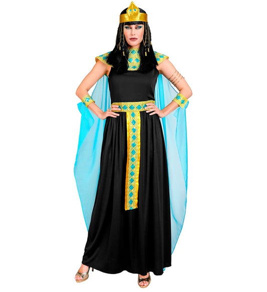 Cleopatra Kostüm mit Kleid, Gürtel, Armbändern, Stirnband und Umhang auf weißem Hintergrund