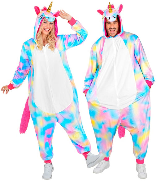 Einhorn Onesie Plüschkostüm mit Kapuze auf weißem Hintergrund