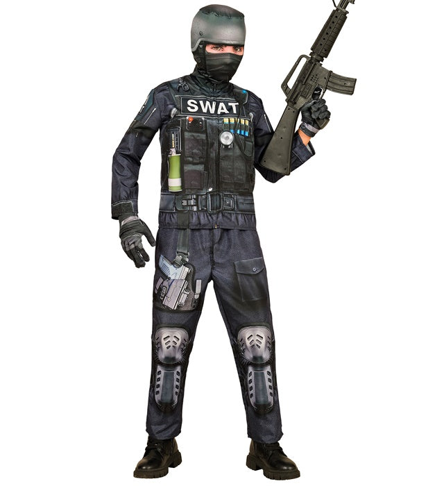 S.W.A.T. Einsatzkostüm mit Maske, Handschuhen und Hose auf weißem Hintergrund
