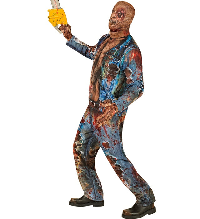 Zombie Fast Kostüm mit Maske, Oberteil, Hose und Handschuhen auf weißem Hintergrund