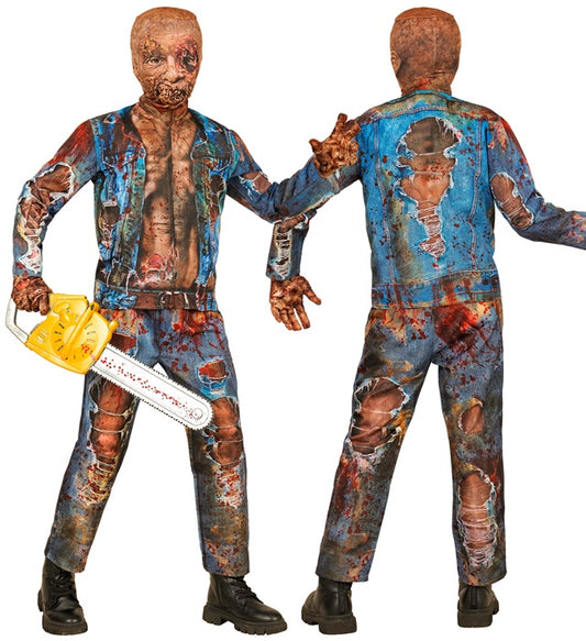 Zombie Fast Kostüm mit Maske, Handschuhen, Oberteil und Hose auf schwarzem Hintergrund