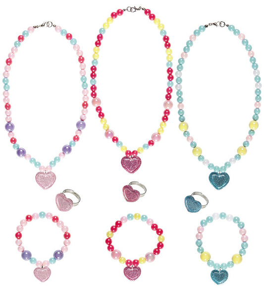 Kinderschmuck-Set mit Perlen und Herzanhänger in drei Farben für Fasnacht und Mottoparty