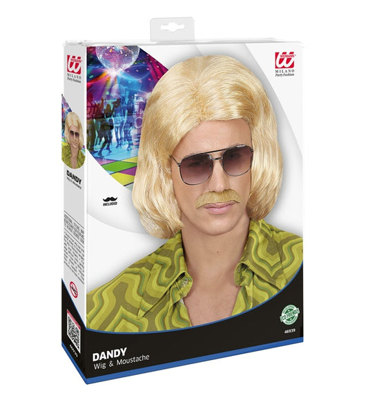 Blonde 70er Jahre Dandy Perücke mit Schnurrbart in Box