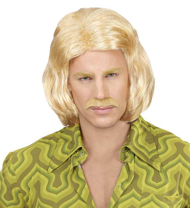 Blonde 70er Jahre Dandy Perücke mit Schnurrbart in Box