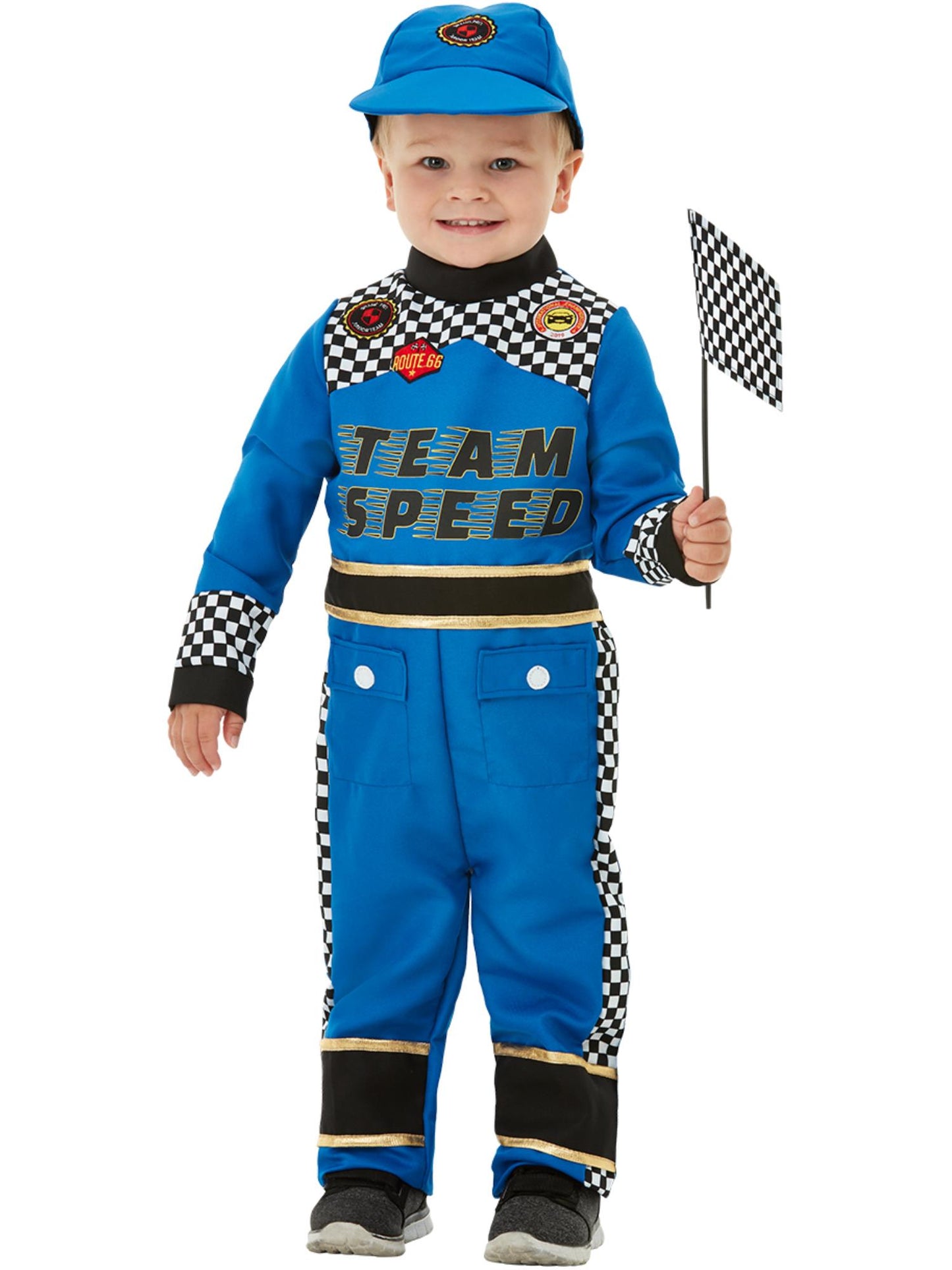 Smiffys blaues Rennfahrer-Kostüm für Kleinkinder mit Overall, Cap und Flagge