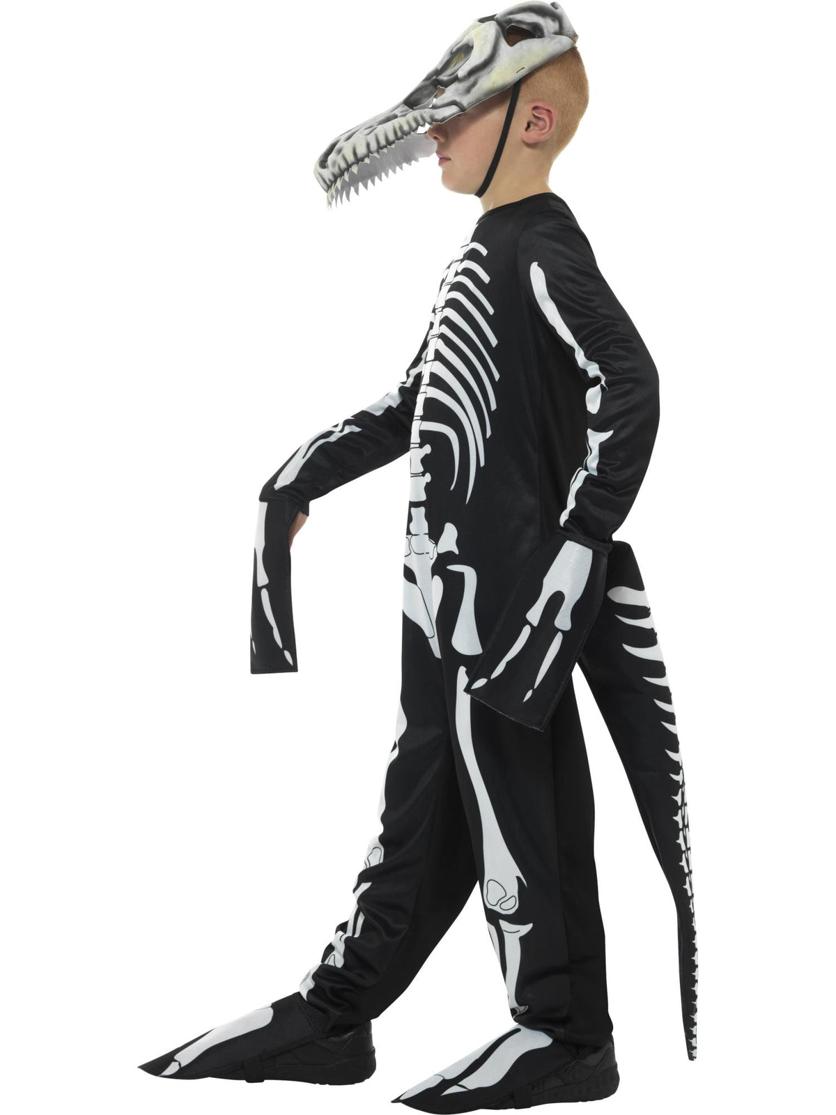 Smiffys schwarzes T-Rex-Skelettkostüm für Kinder mit Bodysuit, Schwanz und Maske – Seitenansicht