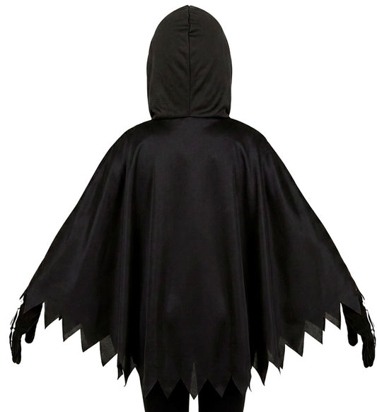 Skelett-Poncho mit Kapuze in schwarzem Design mit weißen Knochenmotiven