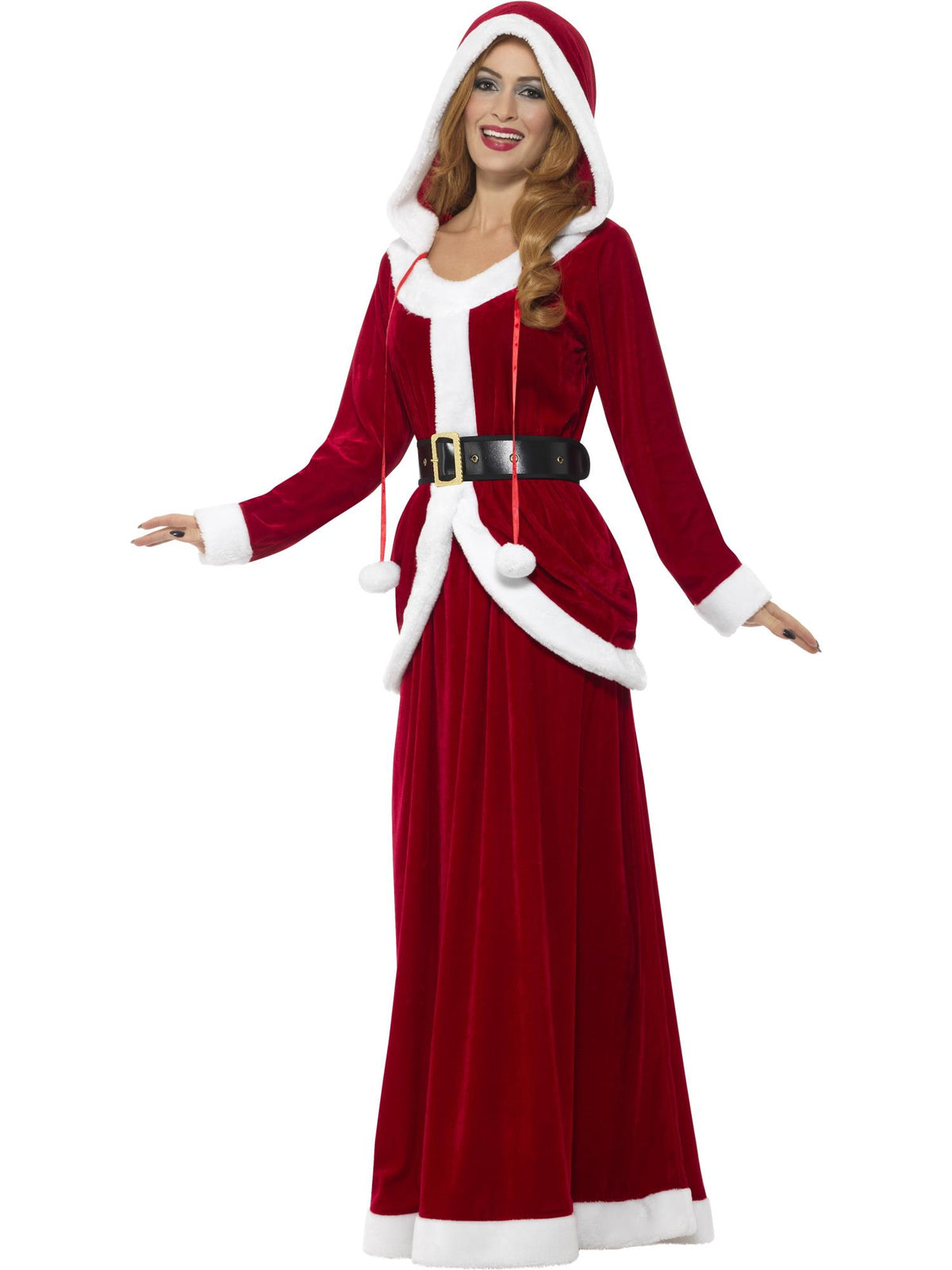 Smiffys rotes Ms Claus Kostüm für Damen mit Kapuze, Kleid und Gürtel – Seitenansicht