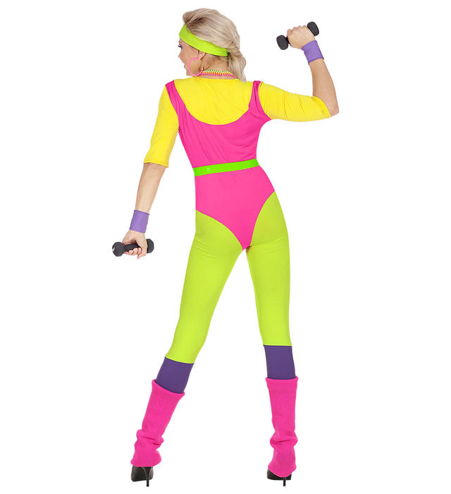 80er Jahre Aerobic Trainerin Kostüm mit farbigem Overall, Gürtel und Schweißbändern