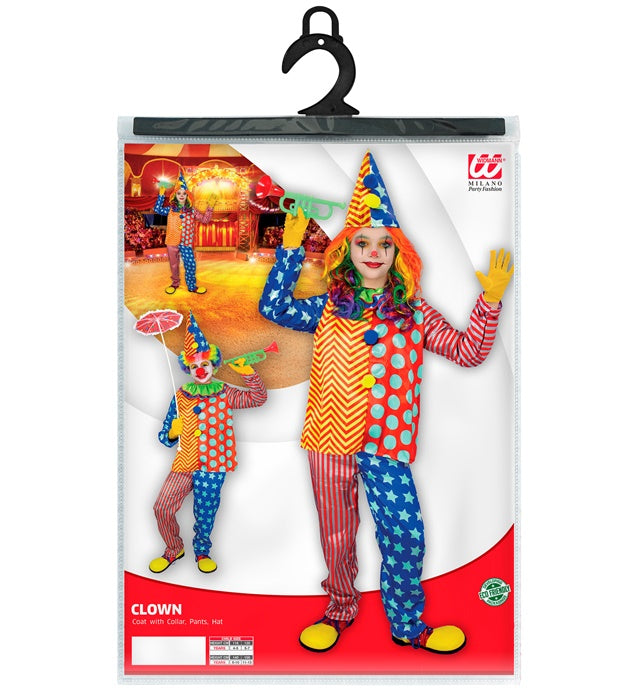Buntes Clown-Kostüm mit Kragen, Hose und Hut für Fasnacht und Karneval