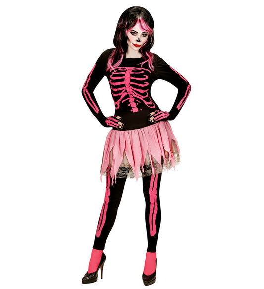 Pinkes Skelett-Kostüm bestehend aus Shirt, Hose, Ballettröckchen und fingerlosen Handschuhen