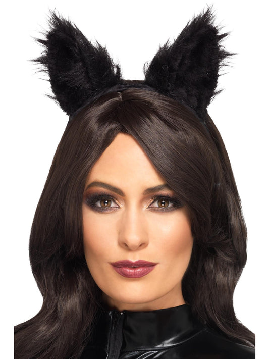 Smiffys schwarze Katzenohren mit langem Kunstfell für Damen – Produktansicht