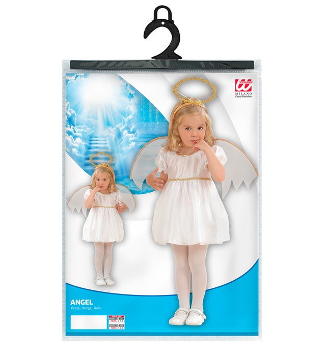 Engel-Kostüm mit weißem Kleid, Flügeln und Heiligenschein für Fasnacht