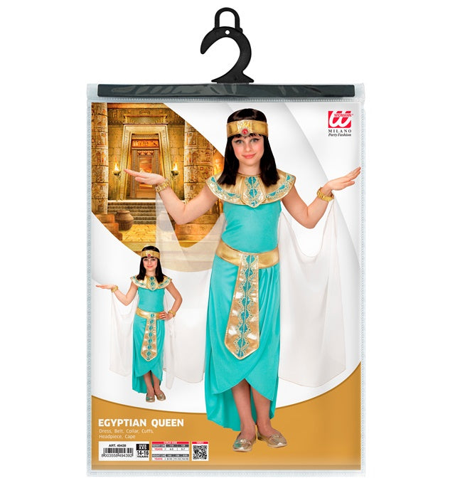 Ägyptische Königin Kostüm mit Kleid, Umhang, Gürtel, Armbändern und Stirnband auf hellem Hintergrund