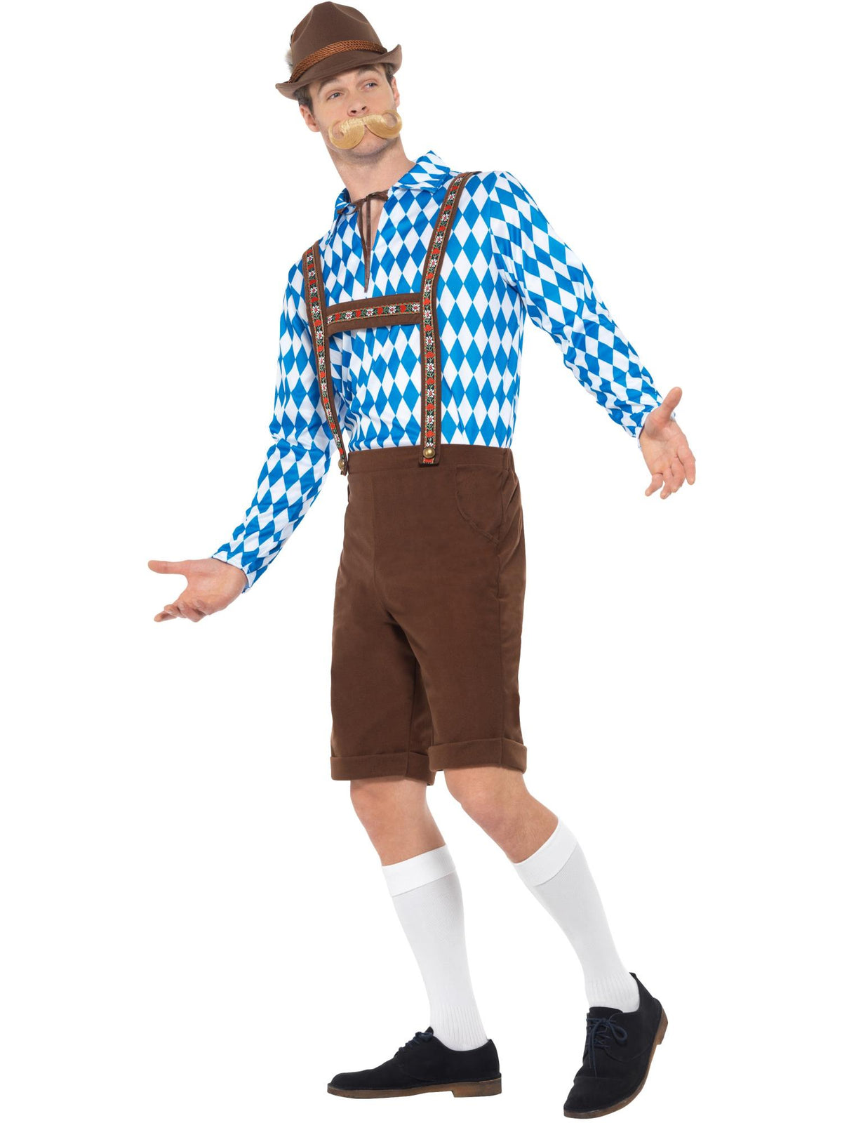 Smiffys Bavarian Beer Man Kostüm für Herren in Blau und Braun mit Hemd und Lederhose – Seitenansicht