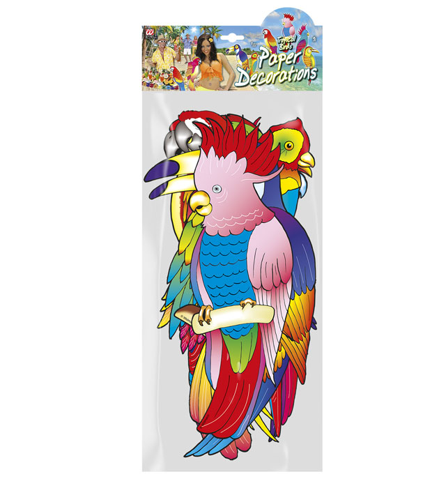 Set von 8 farbenfrohen tropischen Vogel-Figuren, je 45 cm groß, als Deko für Fasnacht und Mottoparty
