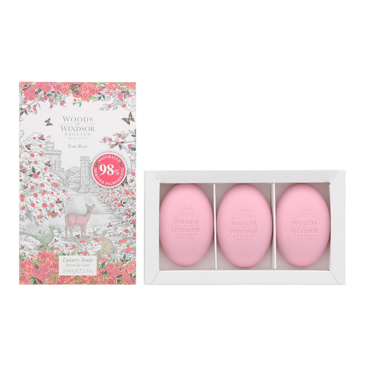Set Trio, Woods Of Windsor, True Rose, Feuchtigkeitsspendend, Massage-Seifenstück, Palmöl, 3 stk, 60 g