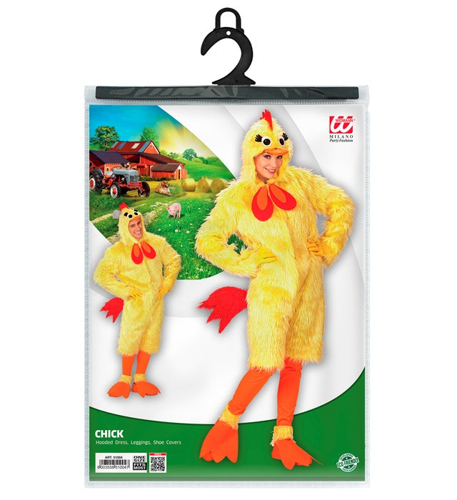 Huhn-Kostüm aus Plüsch mit Kapuze, Leggings und Stiefelüberziehern auf weissem Hintergrund