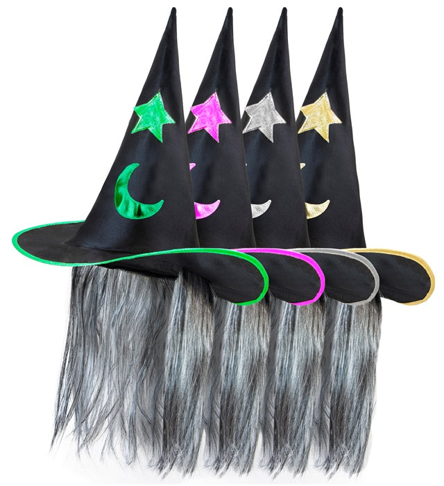 Dekorierter Hexenhut mit langen Haaren in verschiedenen Farben als Halloween-Accessoire