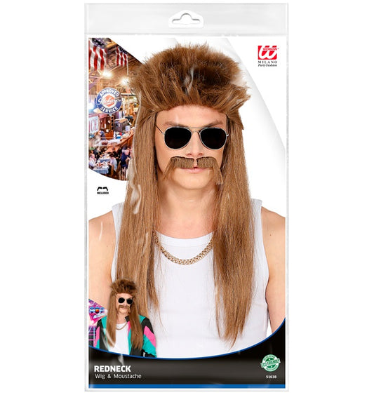 Redneck-Perücke mit Schnurrbart im Polybag für Fasnacht und Mottoparty