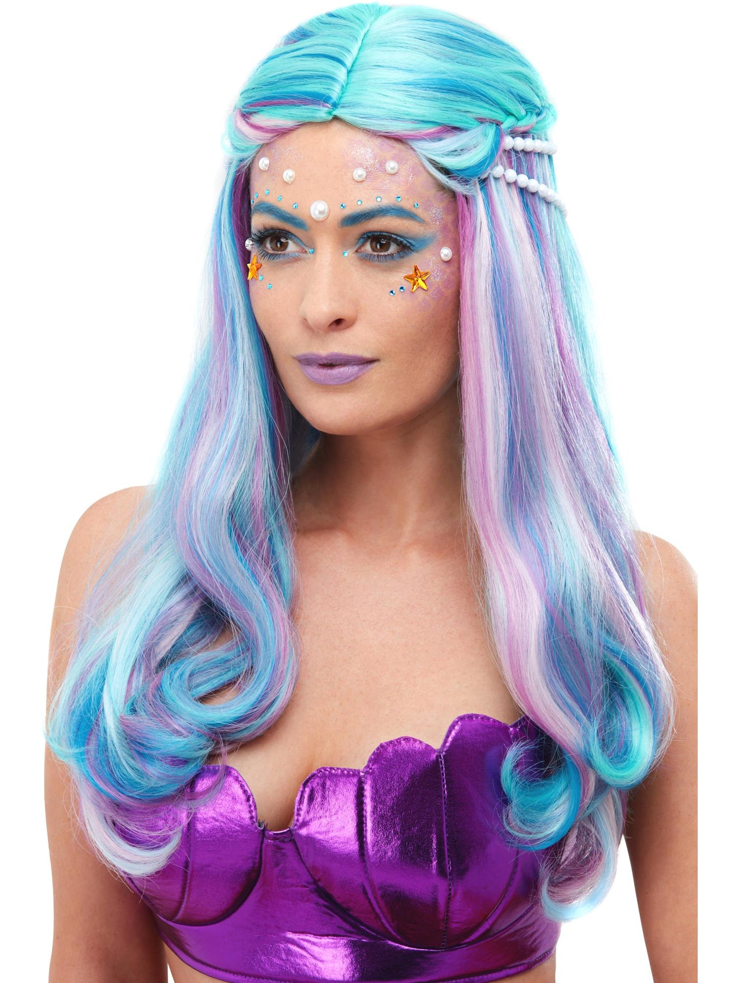 Smiffys Mermaid-Peruecke Blau fuer Damen mit Perlen