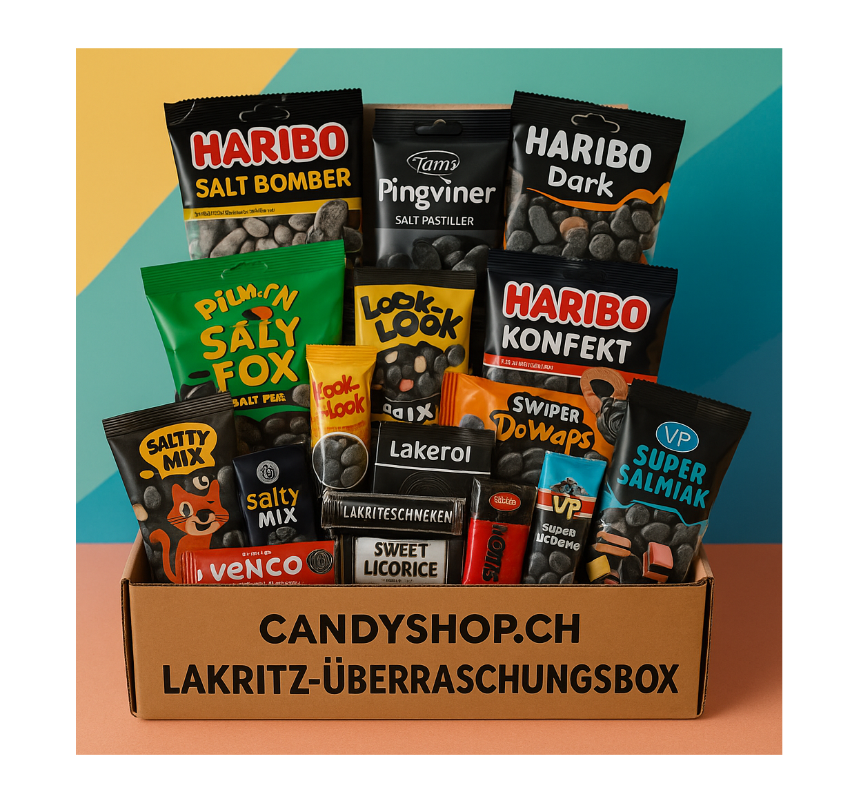 Monatsbox mit verschiedenen Lakritzsorten in buntem Verpackungsdesign.