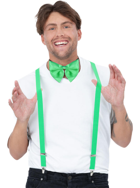 Smiffys Bow Tie & Braces Kit in Grün mit Fliege und Hosenträgern für Erwachsene