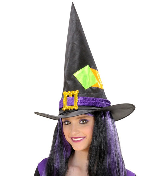 Eleganter schwarzer Hexenhut mit Satin- und Samt-Flicken für Halloween und Fasnacht