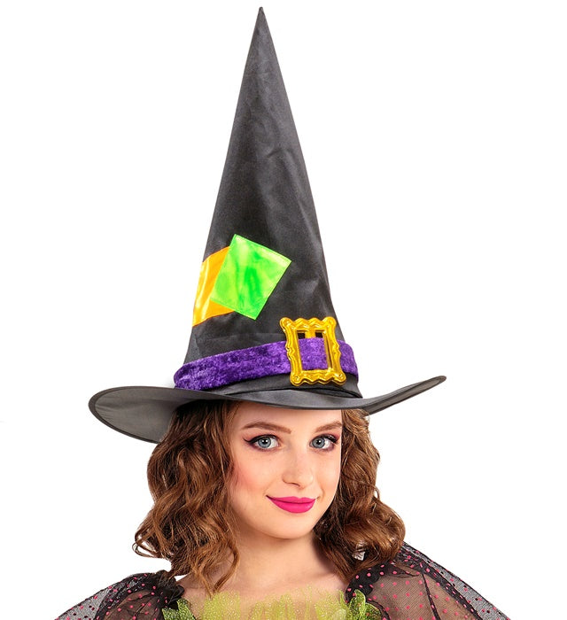 Eleganter schwarzer Hexenhut mit Satin- und Samt-Flicken für Halloween und Fasnacht