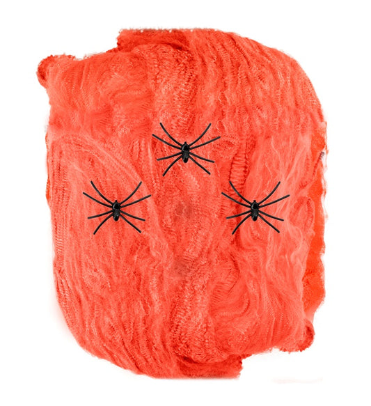Oranges Spinnennetz mit drei schwarzen Spinnen als Halloween Dekoration