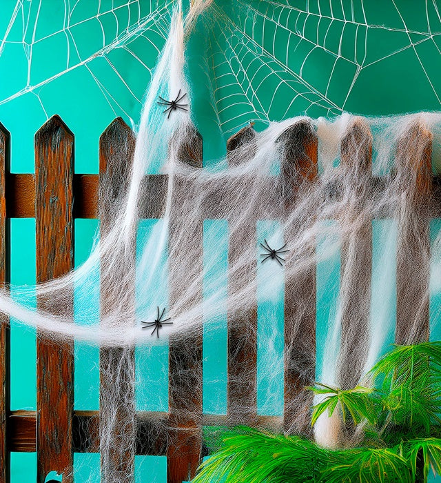 Weisses Spinnennetz mit drei schwarzen Spinnen als Dekoration