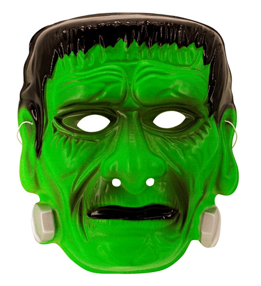 Frankenstein-Maske aus Plastik mit grünem Gesicht und Schrauben am Kopf