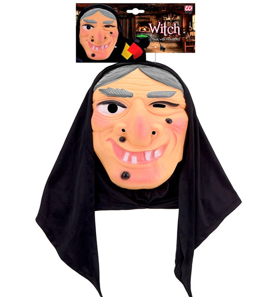 Hexenmaske aus Plastik mit schwarzem Kopftuch für Fasnacht und Halloween