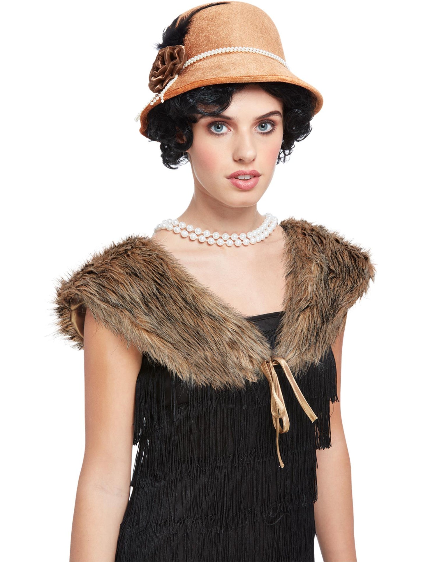 Smiffys 1920s Deluxe Instant Kit in Braun mit Hut und Kunstfellstola für Damen