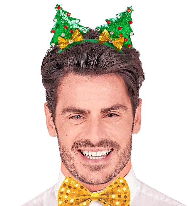 Weihnachtsbaum Haarreif mit grünem Tannenbaum, roten Kugeln und Stern