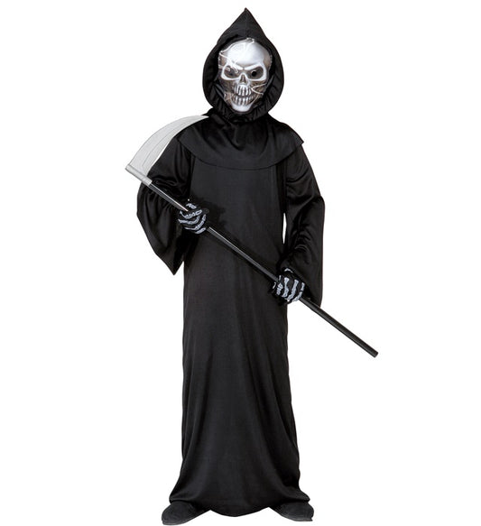 Sensenmann Kostüm mit holografischer Totenkopfmaske und Knochenhandschuhen