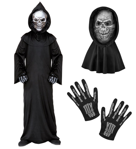 Sensenmann Kostüm mit holografischer Totenkopfmaske und Knochenhandschuhen