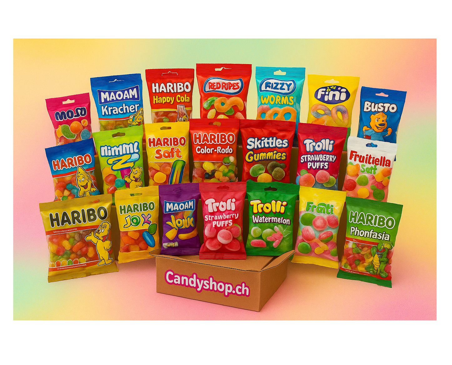 Bunte Fruchtgummi Auswahl in weißer Geschenkbox mit Monatsüberraschung auf hellem Hintergrund