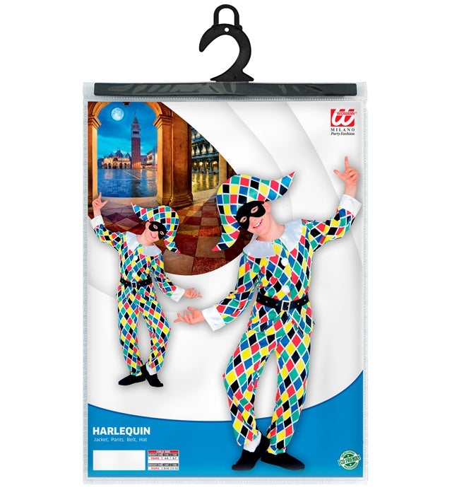Harlekin Kostüm-Set mit Jacke, Hose, Gürtel und Hut in buntem Rautenmuster