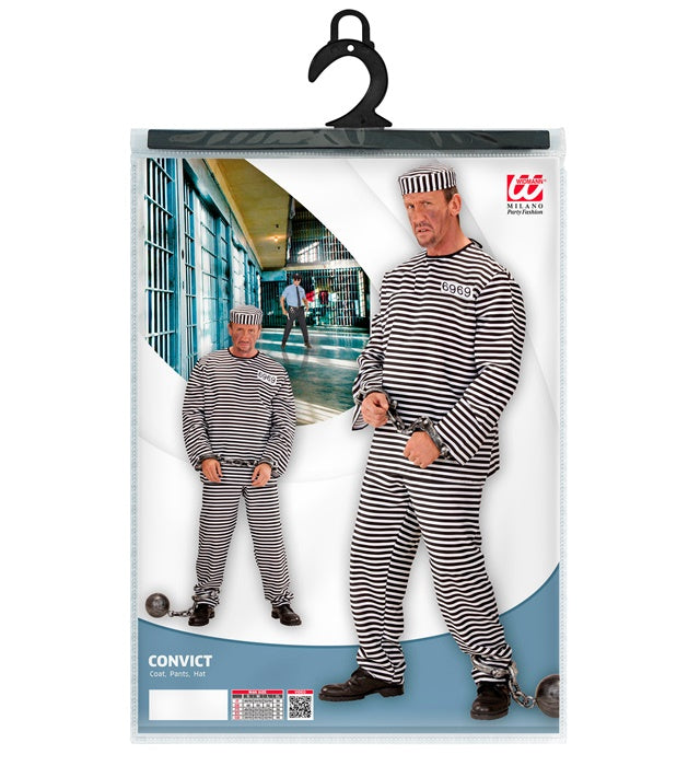 Gefangenen-Kostüm mit gestreiftem Oberteil, Hose und Mütze für Fasnacht
