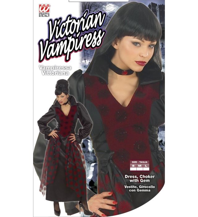 Viktorianisches Vampirinnen-Kostüm mit Juvel-Halsband auf weißem Hintergrund