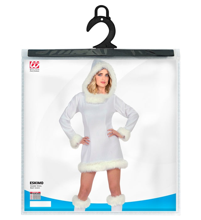 Eskimo-Kostüm mit Kapuzenkleid und plüschigen Stiefelüberziehern für Fasnacht