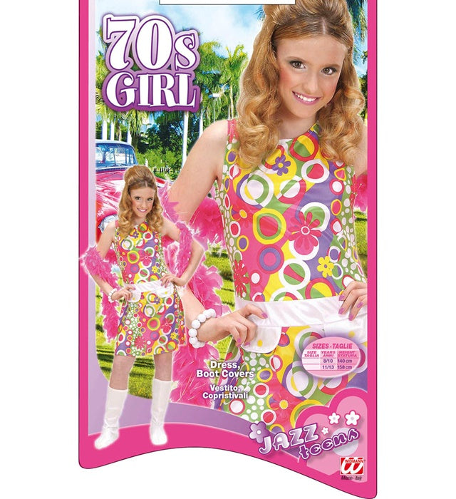 70s Girl Kostüm mit buntem Kleid und weißen Überstiefeln