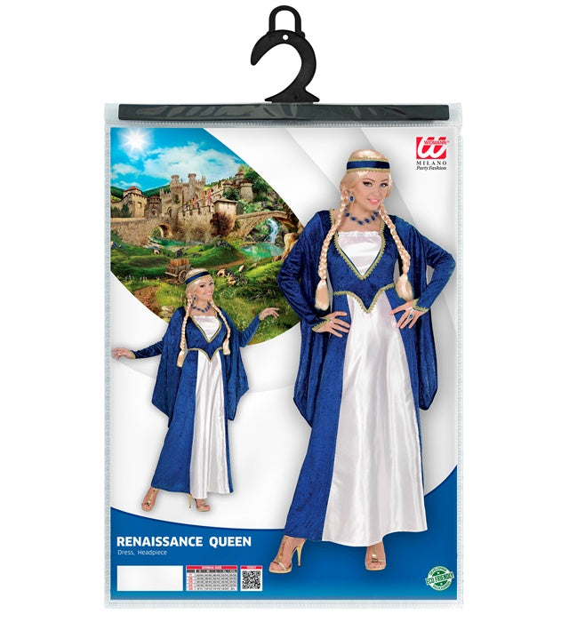 Königin der Renaissance Kostüm blaues Samtkleid mit Kopfbedeckung