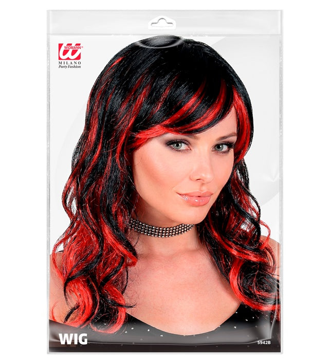 Wavy Perücke mit schwarzen Haaren und roten Strähnen im Beutel