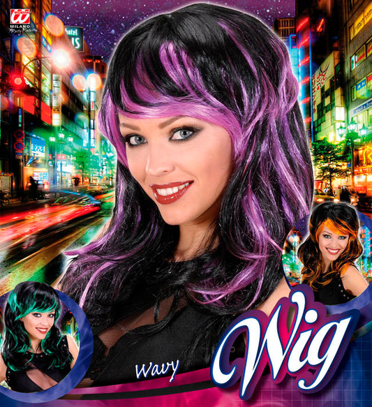 Bunte Wavy-Perücke mit lila, grünen und orangen Strähnen