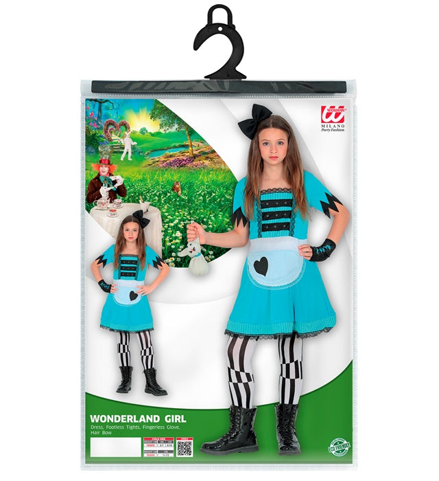 Mädchen aus dem Wunderland Kostüm mit Kleid, Leggings, Handschuhen und Haarschleife