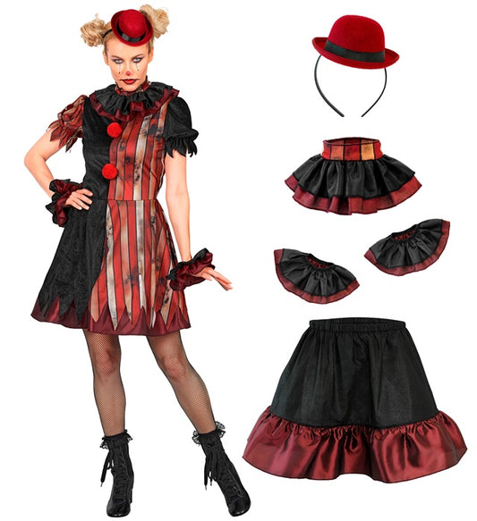 Böser Clown Kostüm mit Petticoat, Kragen und Minihut auf weißem Hintergrund